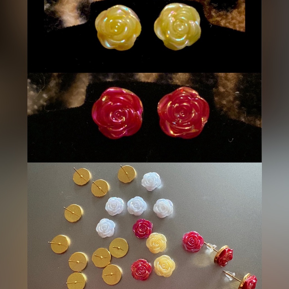 DIY Handmade Floral Earrings- Red, Yellow and Iridescent Roses w/ Gold Backs